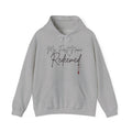 Unisex grey hooded sweatshirt with “My 1st Name is Redeemed” in black print with a red blood splatter
